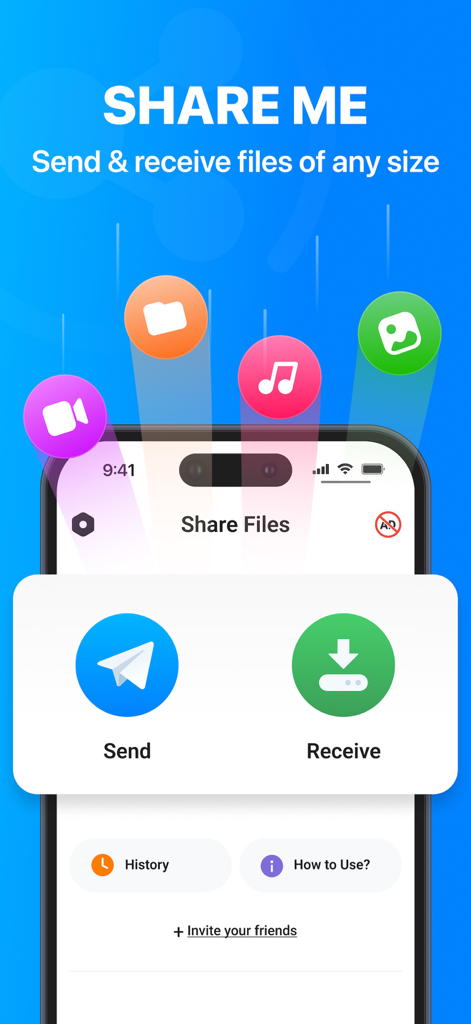 Share Me: File Transfer App - Startbildschirm der Share Me App mit großen Senden- und Empfangen-Schaltflächen für die Freigabe von Dateien jeder Größe.