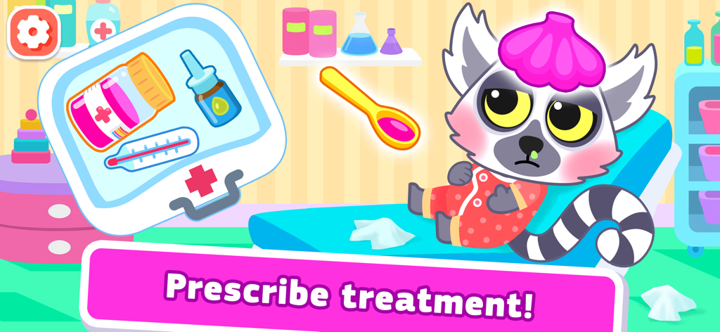 Pet Hospital games. Vet doctor - Un paciente lémur enfermo en un juego de hospital de mascotas recibiendo tratamiento médico con medicinas y herramientas