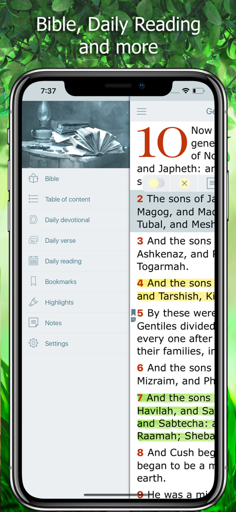 KJV Bible with Apocrypha. KJVA - Oberfläche der KJV Bibel mit Apokryphen App, die das Navigationsmenü und markierten Schrifttext zeigt