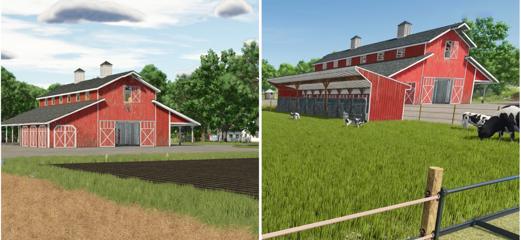 Rote Scheune und grasende Kühe in einem 3D-Landwirtschaftssimulator.