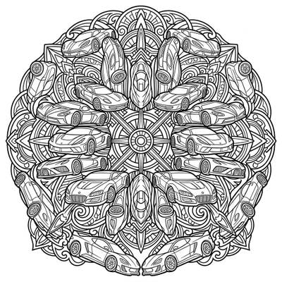 Immerse yourself in the futuristic world of automotive design with this stunning concept car mandala. This unique coloring page blends high-tech vehicles with ancient symmetrical art for an unparalleled creative experience.