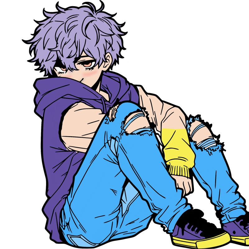 a male hoddie ripped jeans messy hair anime