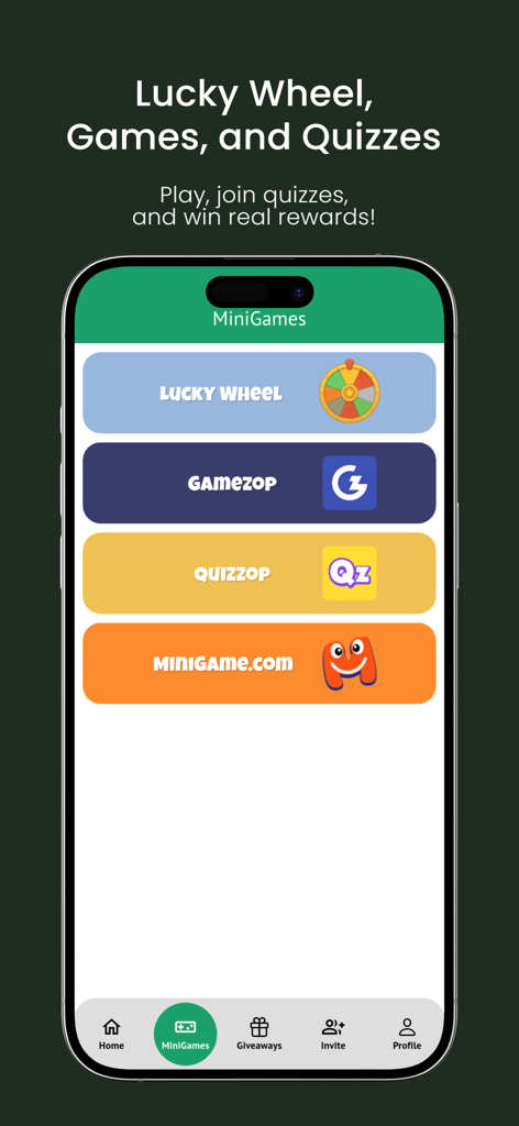 Survey Cash app MiniGames screen featuring Lucky Wheel and quizzes to win real rewards.