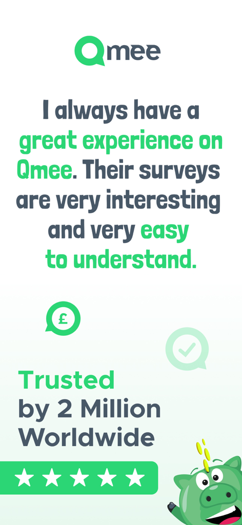 A positive user testimonial for Qmee survey app with a 5 star rating and 2 million users trust badge