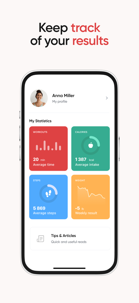 A mobile dashboard showing statistics for workouts, calories, steps, and weight loss progress