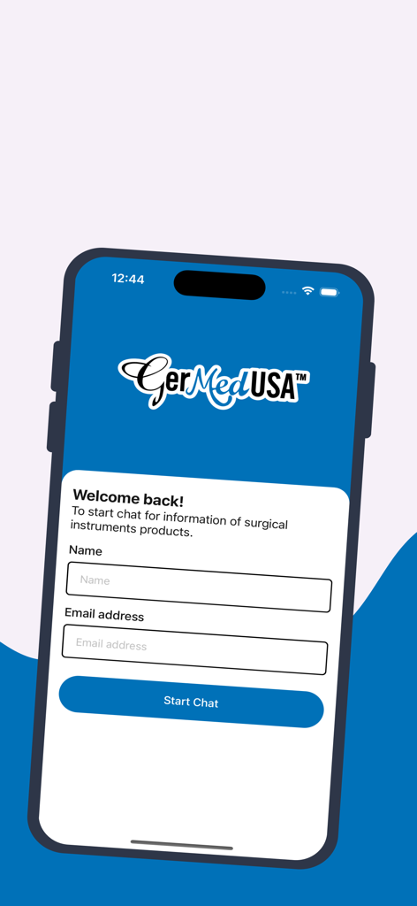 GerMedUSA Chatbot login screen with fields for name and email address to start a surgical instrument inquiry