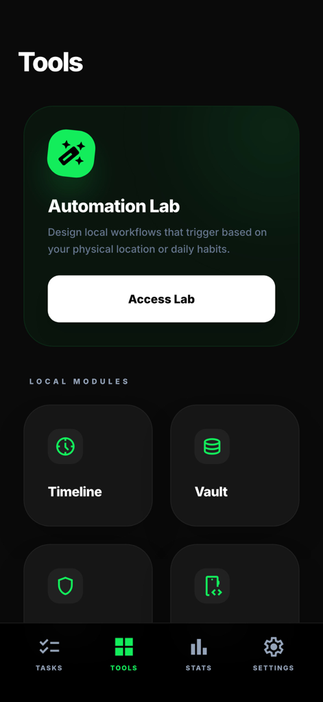To-Do List - MinimaList: Task - Minimalist to-do list app tools menu showing automation lab and local modules