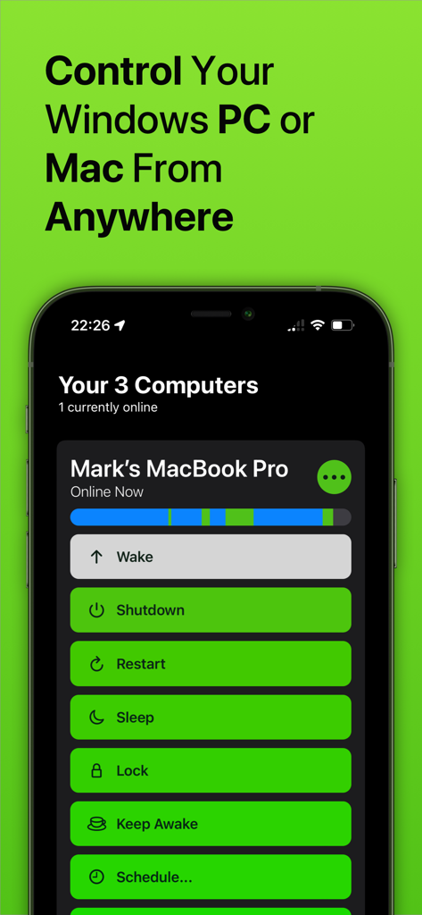 Remote computer management app screen with options for shutdown restart and sleep.