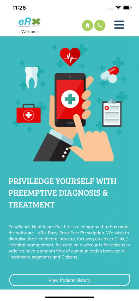 ERX - eRx App Willkommensbildschirm mit medizinischen Symbolen und Text zu präventiver Diagnose und Behandlung