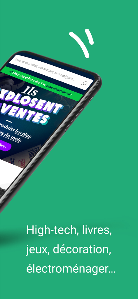 Smartphone che mostra la schermata principale dell'app Rue Du Commerce con categorie di prodotti high-tech e offerte promozionali.