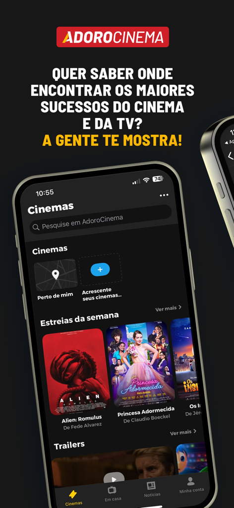 AdoroCinema - The AdoroCinema app interface showing movie posters for current releases and a search tool for nearby theaters