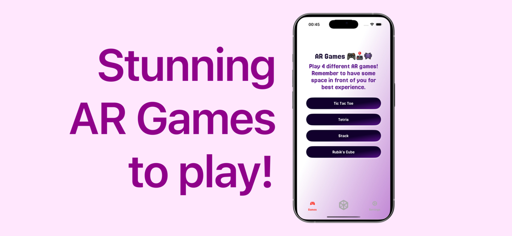 AR VideoLab - Una captura de pantalla de la aplicación AR VideoLab mostrando un menú de 4 juegos de realidad aumentada diferentes, incluyendo Tetris y Cubo de Rubik