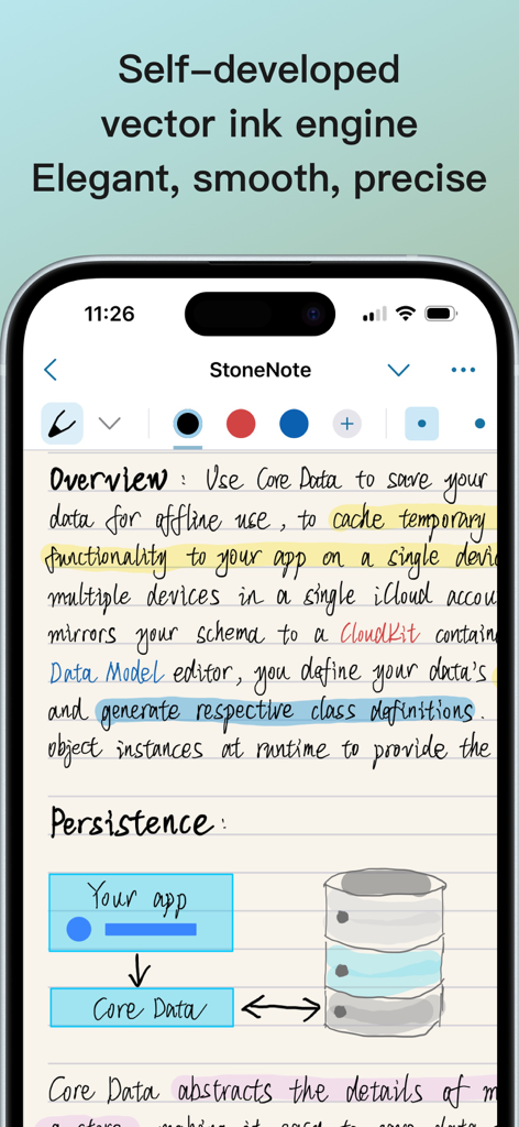 A smartphone screen showing StoneNote app with elegant handwritten study notes and a technical diagram about data persistence