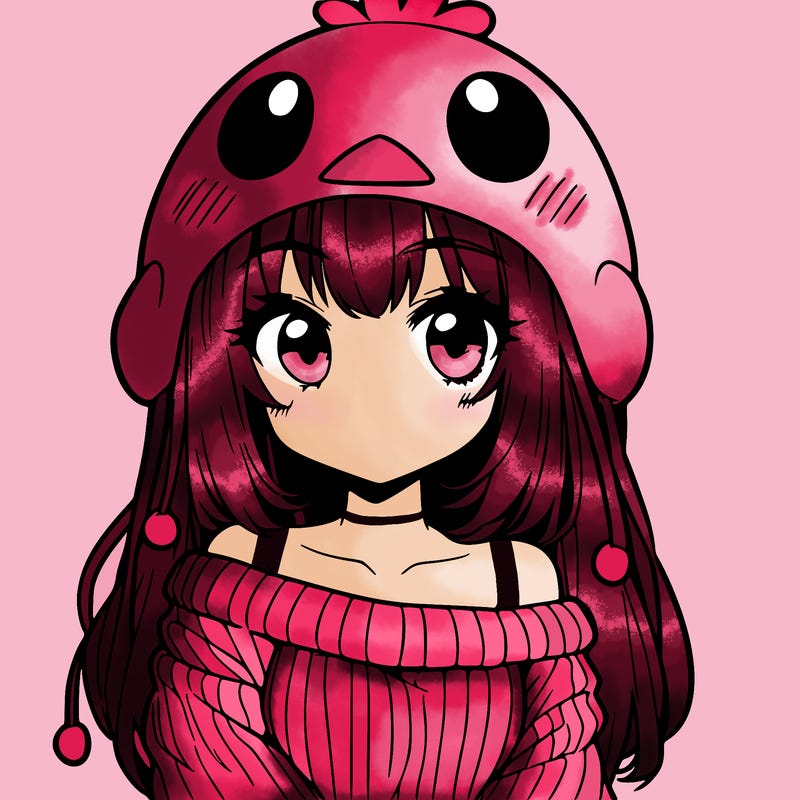 anime girl with chick shaped hat with sweater with bare shoulders with bangs covering them one eye with low tail