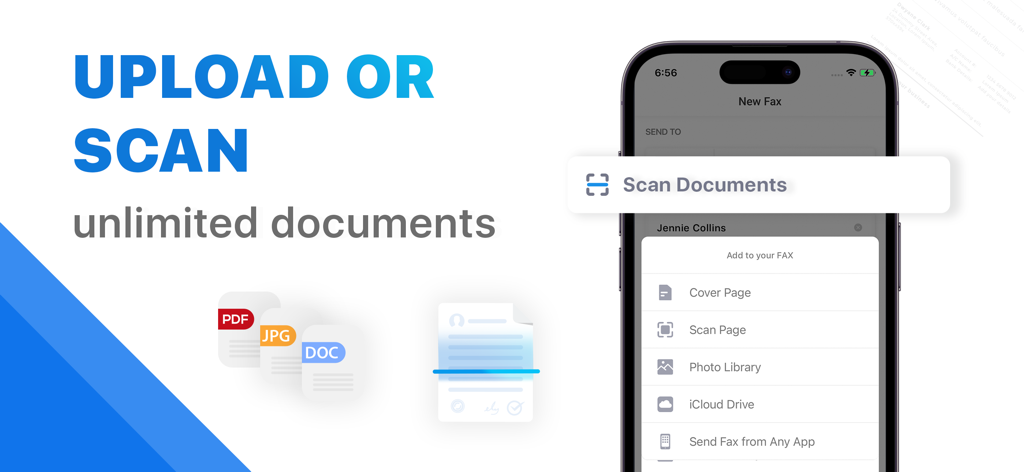 An iPhone screen displaying the Fax app interface with options to scan or upload unlimited documents from various sources like iCloud and photo library