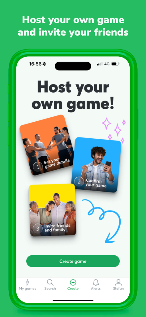 StepBet: Walk, Get Active, Win - StepBet App-Oberfläche, die drei Schritte zum Hosten eines benutzerdefinierten Laufspiels und zum Einladen von Freunden und Familie zeigt.