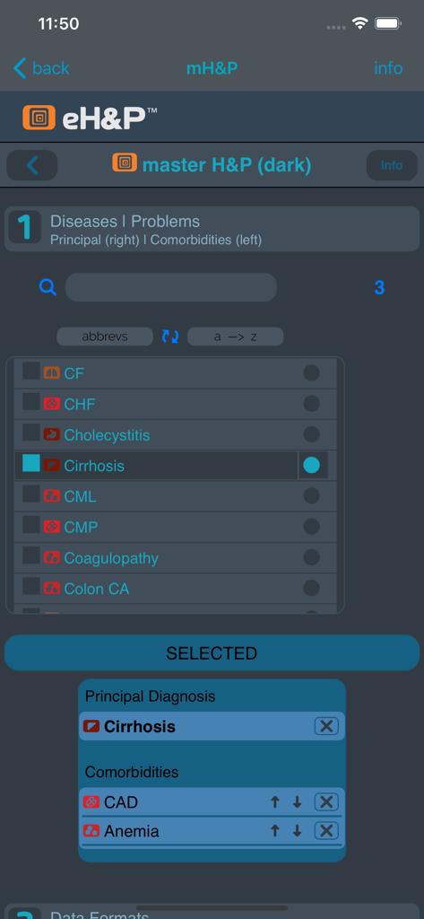 eH&P™ - eH&P医療アプリのインターフェース、選択された主要診断と併存疾患が表示されたMaster HP画面を表示