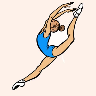 gymnast doing a leap in a leotard with a bent back leg