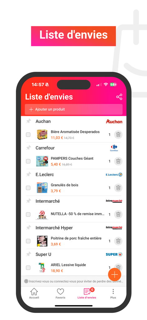 Écran de l'application mobile affichant une liste de souhaits d'achats avec des produits à prix réduit de divers supermarchés français.