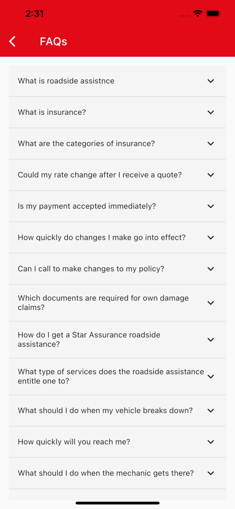 myStar - Frequently asked questions screen within the myStar mobile app showing insurance and roadside assistance queries