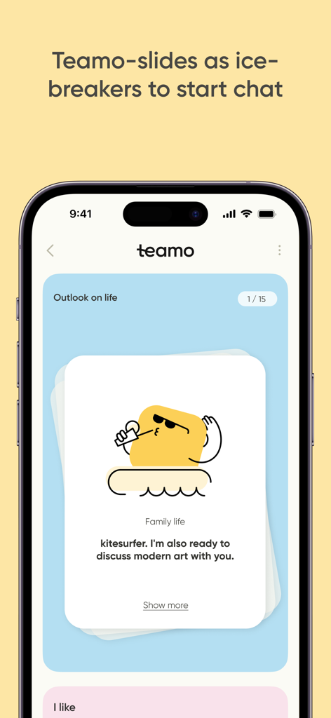 Teamo dating app screen showing an icebreaker slide with personality and lifestyle interests.