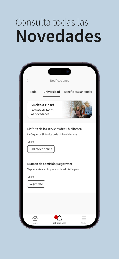 Notifications screen of the UAEM Campus Digital app displaying university news and announcements.