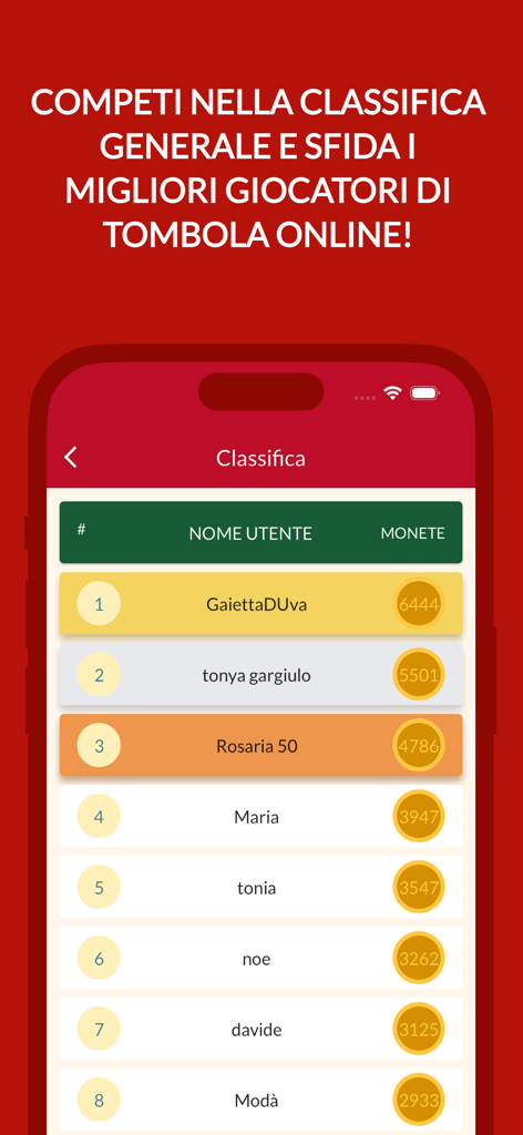 Tabla de clasificación global de la aplicación Tombola Online mostrando los mejores rankings de jugadores y monedas totales.