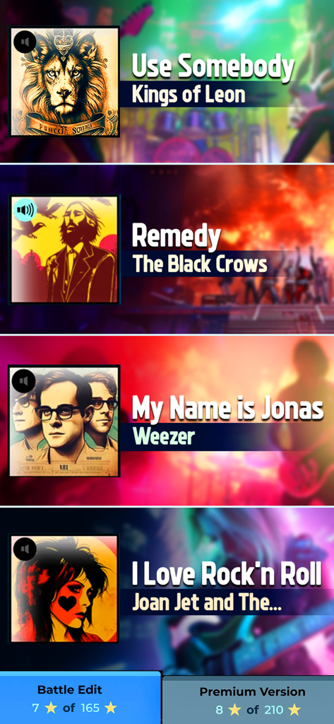 A menu screen showing available rock songs in Guitar Band Rock Battle including hits by Weezer and Kings of Leon