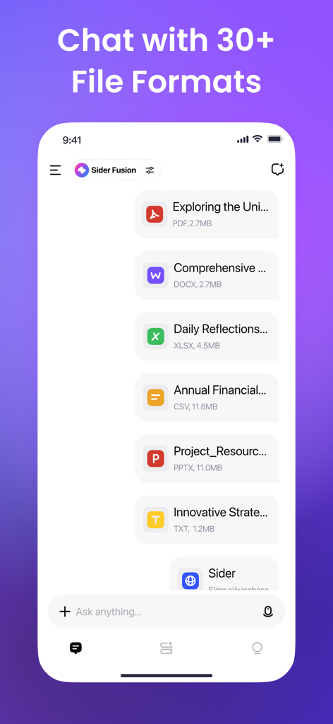 Sider: AI GPT Deep Chat - Sider app interface showing the ability to chat with over 30 file formats including PDF, DOCX, and XLSX