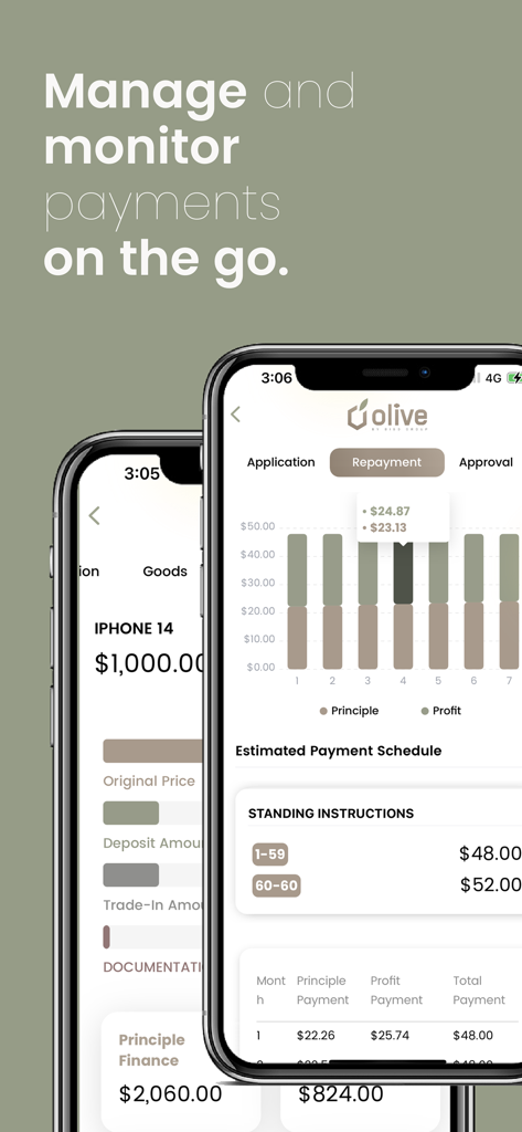 Olive Pro - Olive Pro app interface displaying payment schedules and financial tracking on a smartphone