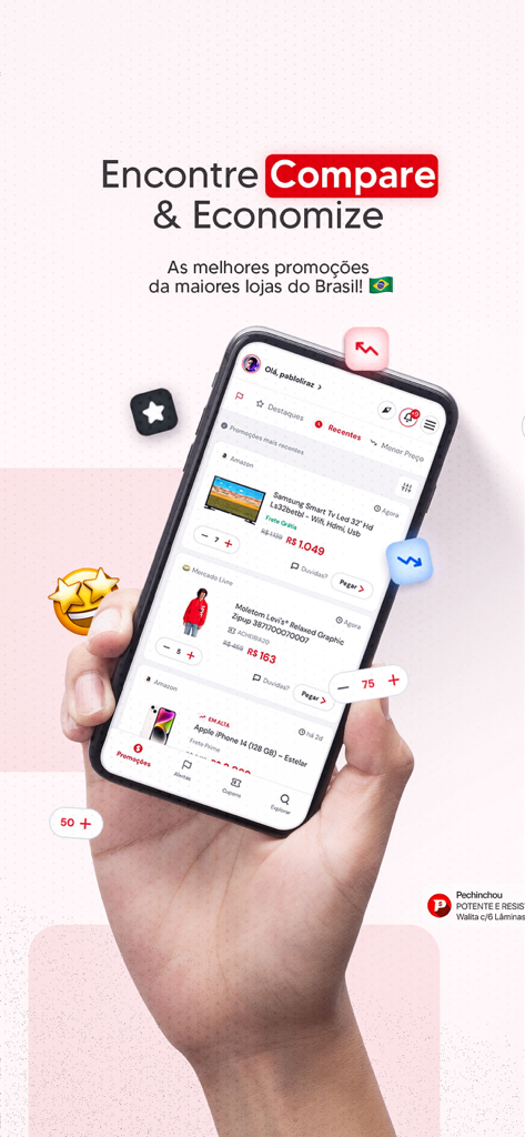 A hand holding a smartphone displaying the Pechinchou app interface with shopping promotions from Brazilian stores.