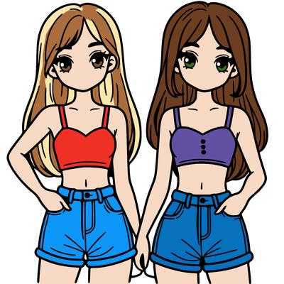two sisters with crop tops and jean shorts and straight hair