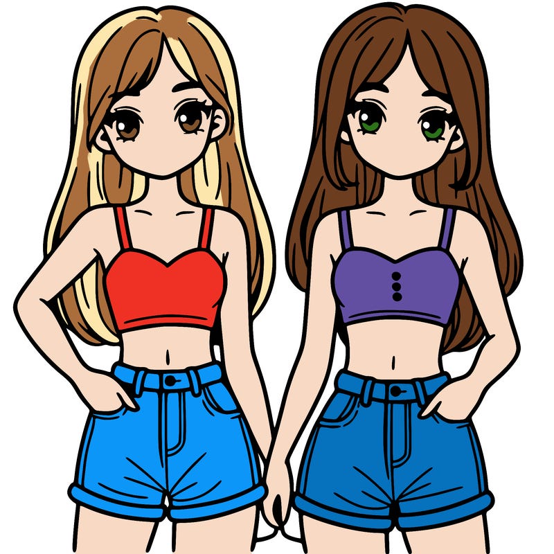 two sisters with crop tops and jean shorts and straight hair