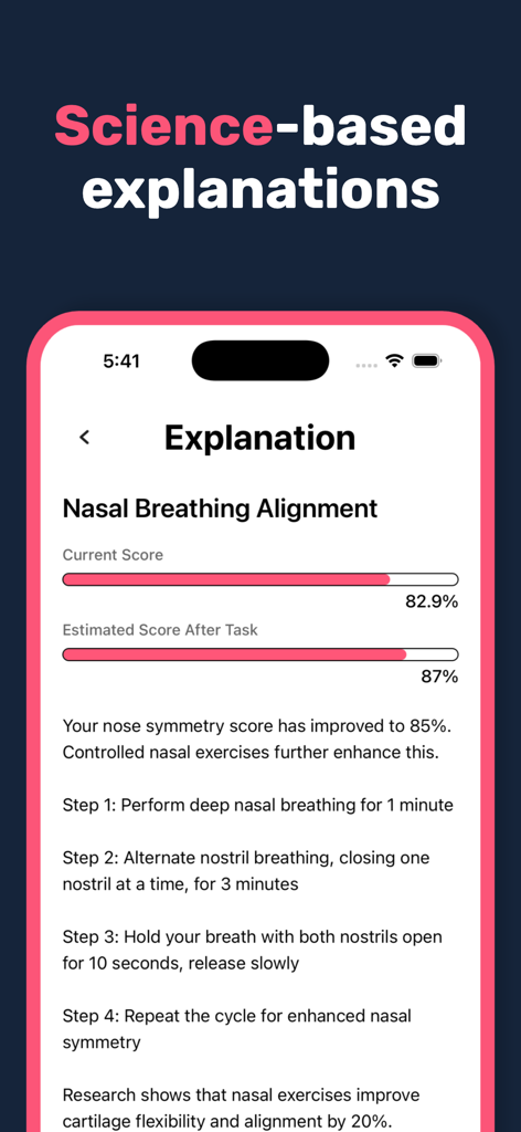 App screen showing science based nasal breathing alignment exercises for facial symmetry