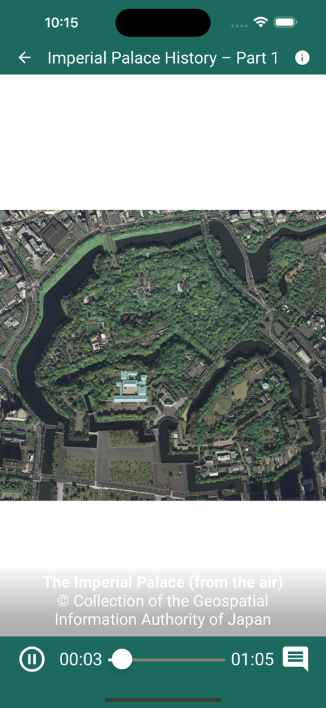 Luftaufnahme des Kaiserpalastes von Tokio, angezeigt in der Audiotour-Oberfläche des Imperial Palaces Guide Apps