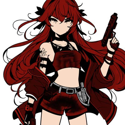 bad girl wearing crop top holding a gun long hair anime
