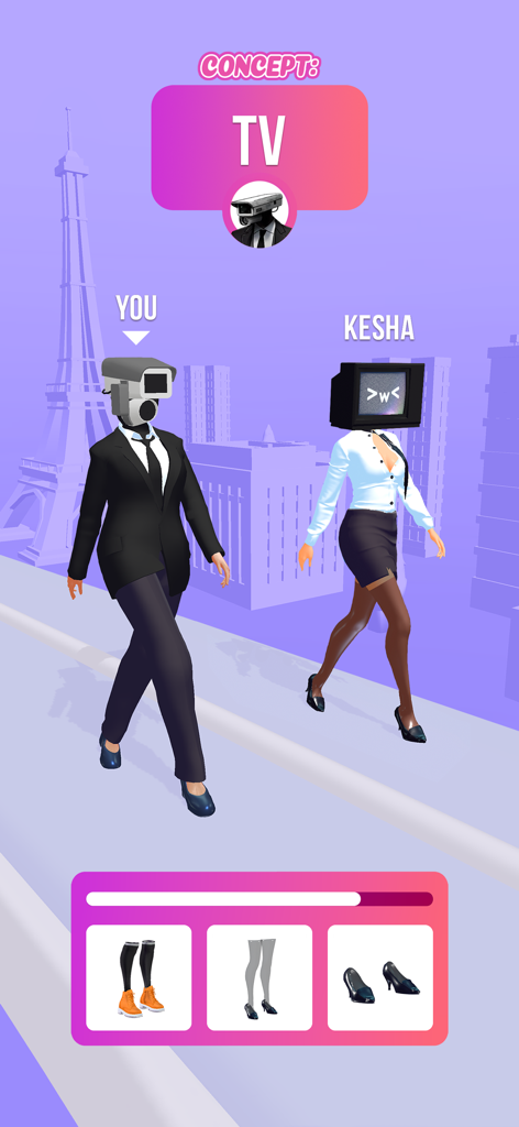 Fashion Queen: Dress Up Game - 에펠탑 앞에서 런웨이에서 카메라 머리와 TV 머리 캐릭터 간의 패션 배틀
