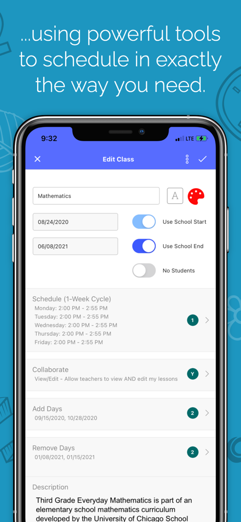 Interface of Planbook Mobile app showing options to edit class details and weekly schedules.