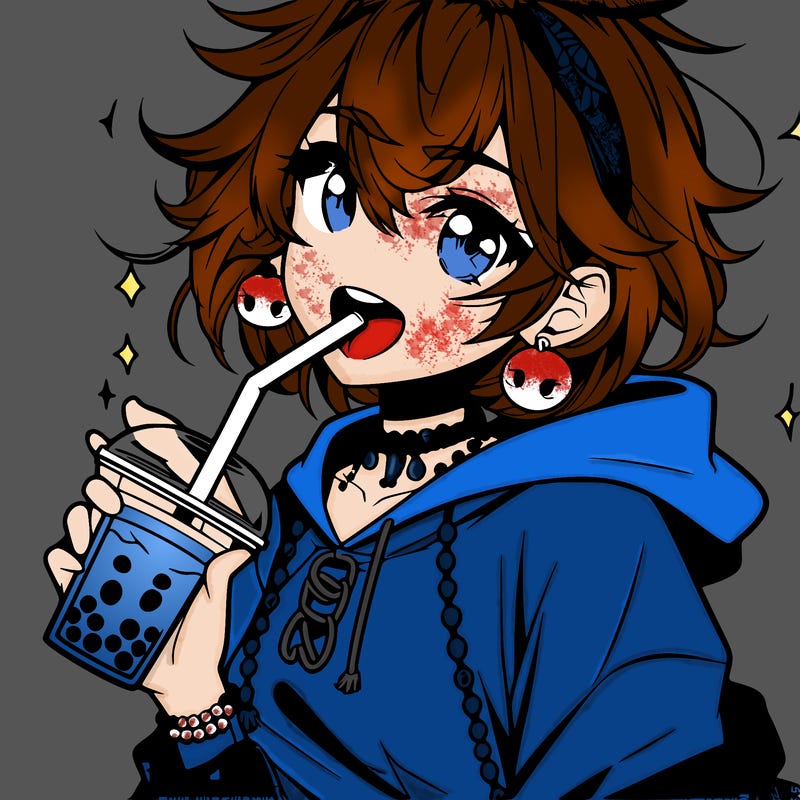 hot baddie anime girl drinking boba and biting the straw