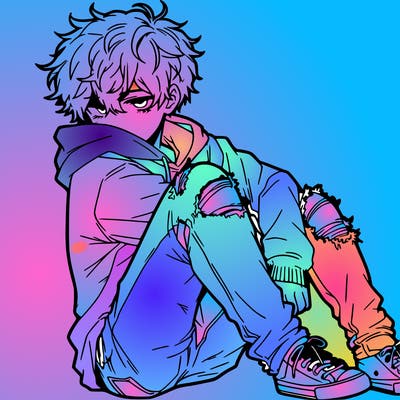 a male hoddie ripped jeans messy hair anime