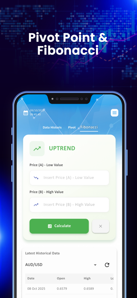 Newsmaker 23 - Mobile app interface of Newsmaker 23 showing a Fibonacci calculator for trading and technical analysis.