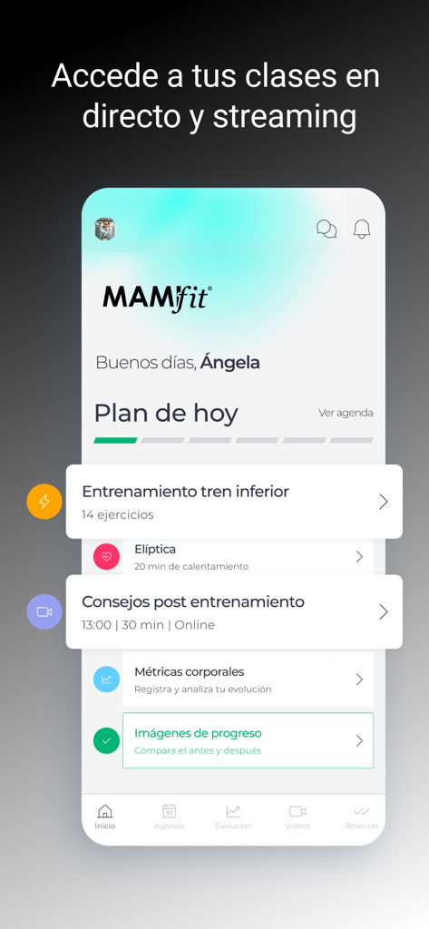 MAMIfit - MAMIfit app interface showing a daily workout plan and live class options for women
