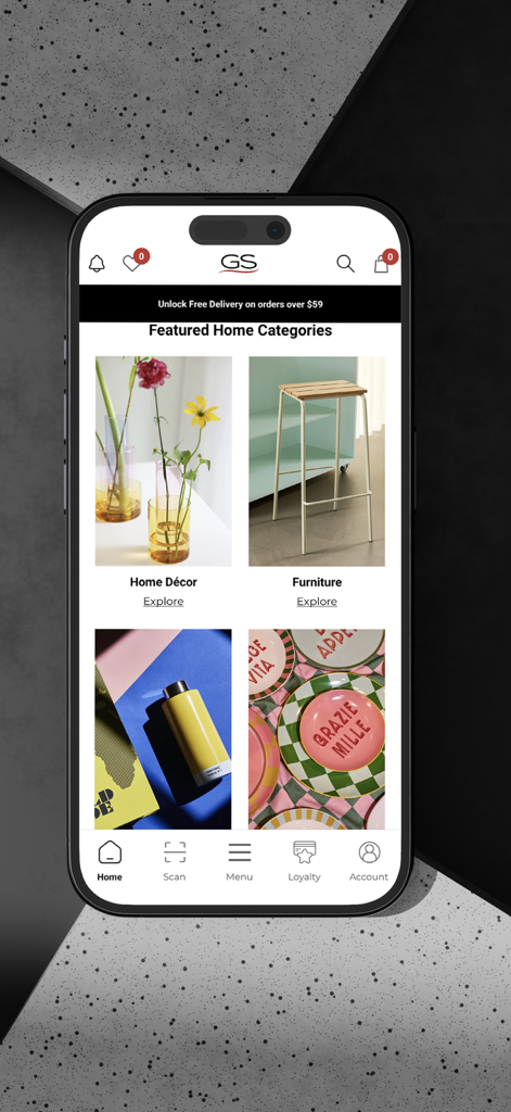 GS - GS app interface showing featured home decor and furniture categories