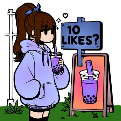 girl with oversized hoodie drinking boba and she has a high ponytail with a sign that says 10likes?