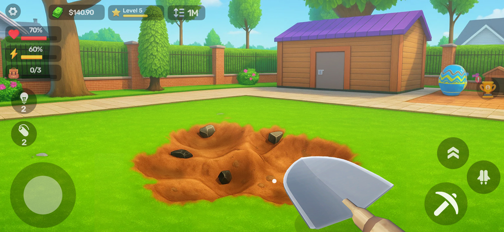 DIY Digging - Una vista en primera persona de un jugador usando una pala para cavar un hoyo en el césped de un patio trasero.