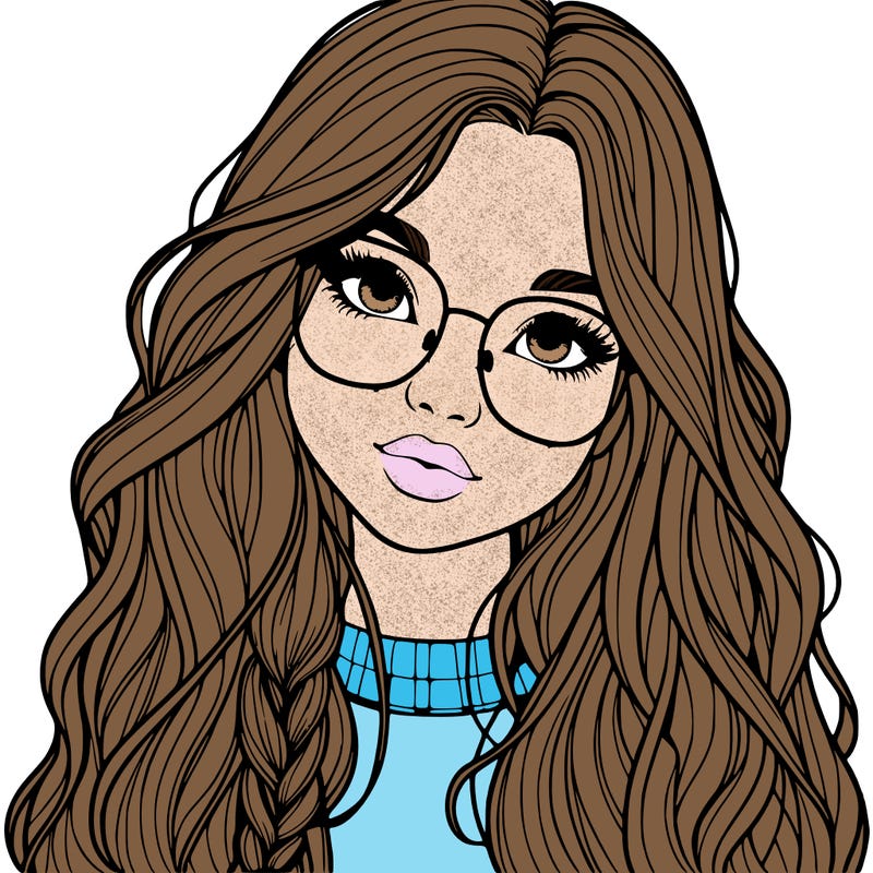 girl with long hair and freckles and glasses realistic