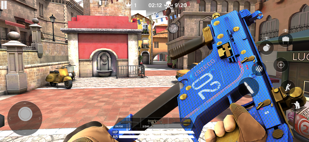 Hazmob FPS: Online Shooter - Tactical first person shooter gameplay with a blue weapon skin in a city map