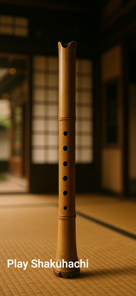Shakuhachi Sim - A traditional Japanese bamboo shakuhachi flute standing in a Zen tatami room