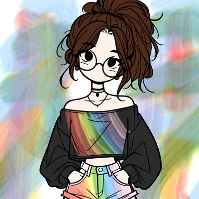 girl with a messy ponytail glasses a baggy crop top and jean shorts