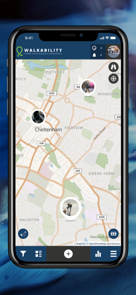 Walkability - Walkability app interface displaying a city map with pinned photo reports from users